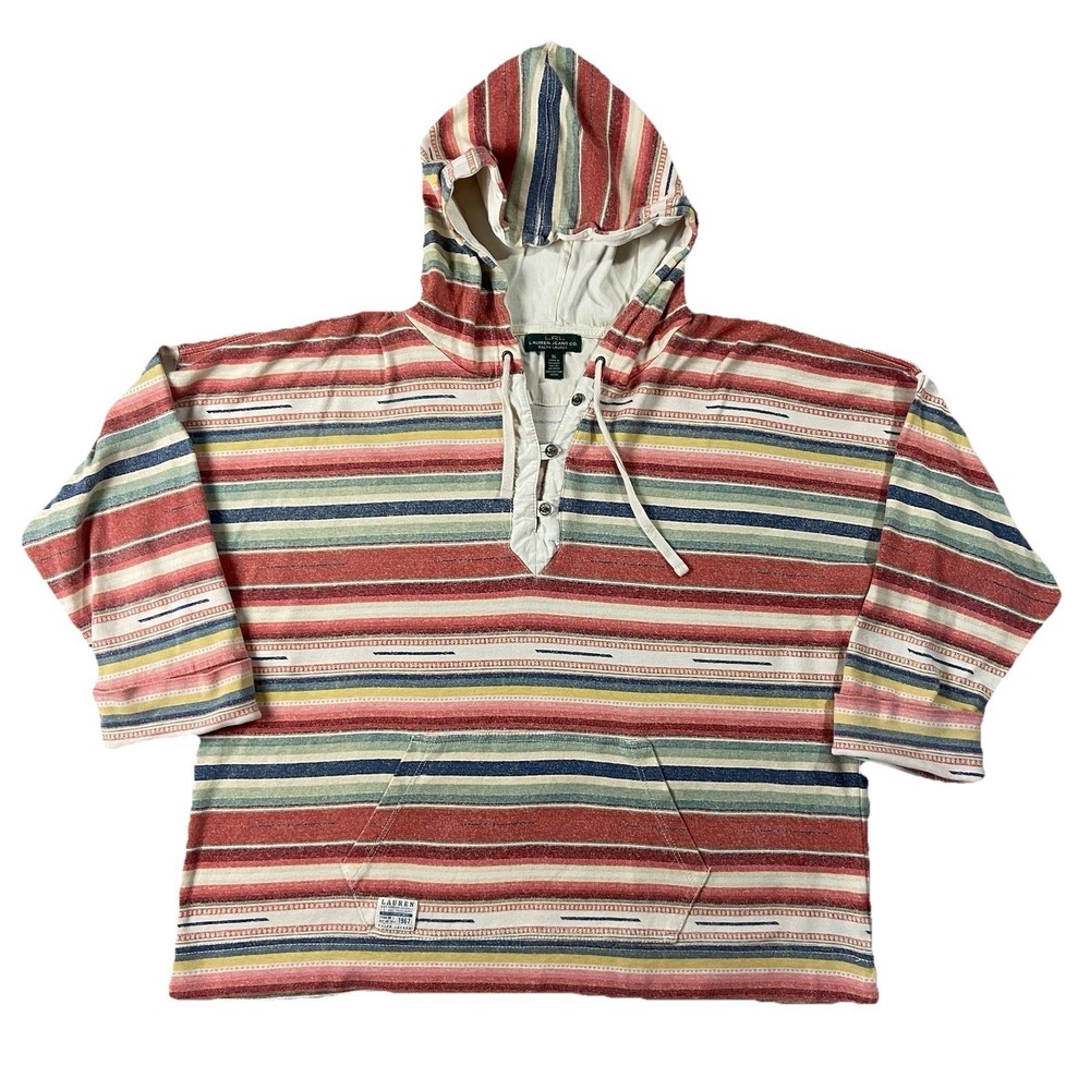 LRL Lauren Jeans Co Sante Fe Stripe Hoodie Tee 3/4 Sleeve Women XL Aztec Western